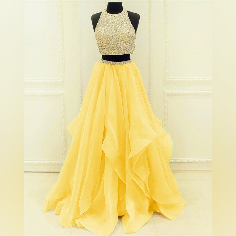 Yellow pearl and sequin top prom dress with layered skirt